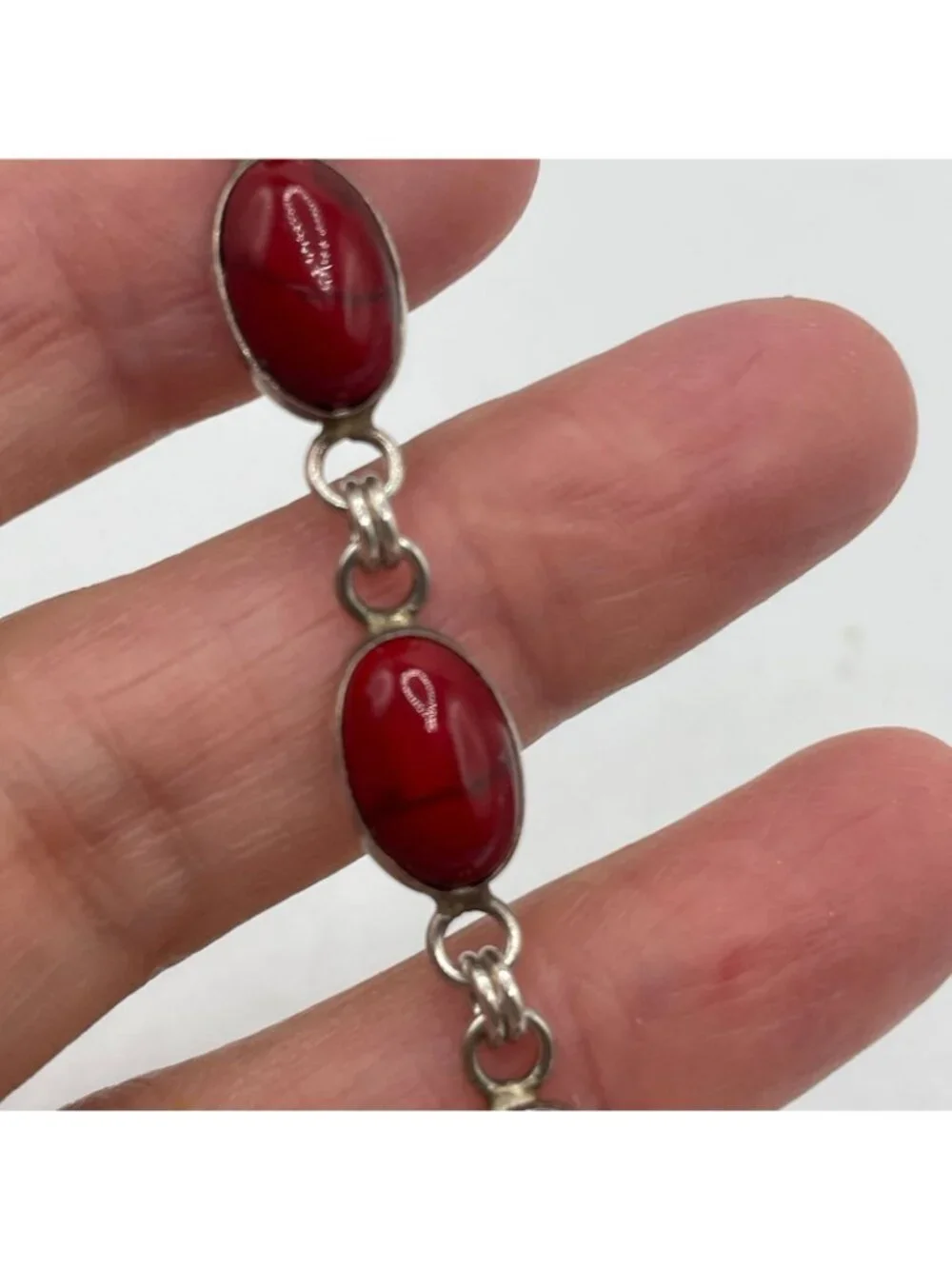 Red Jasper Oval Cabochon .925 Sterling Silver Bezel Set Link Bracelet 7.5